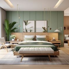 a bedroom with green walls and wooden furniture in the corner, along with a large bed