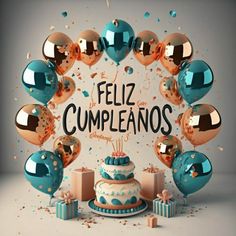 a cake surrounded by balloons and confetti with the words feliz cumpleanos