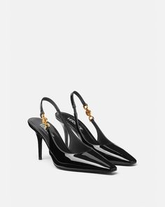 Medusa '95 Slingback Pumps 85 mm Black,Gold | VERSACE US Versace Pumps, Black And Gold Shoes, Versace Heels, Versace Shoes, Mid Heel Shoes, Mid Heels Pumps, Gold Shoes, Cillian Murphy, Boutique Online