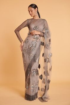 Grey net and crystal mesh saree with metallic thread embroidered borders. Comes with a blouse. - Aza Fashions Grey Saree, Border Saree, Blouse For Women, Saree With Blouse, Metallic Thread, Sarees Online, Aza Fashion, High Neck, Blouses For Women