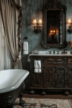 a bathroom with a sink, mirror and bathtub in the middle of the room