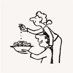 a black and white drawing of a woman serving food