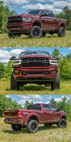 four different pictures of the front and rear sides of a red pickup truck in grassy area