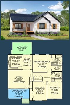 the floor plan for a small house with two levels and an attached porch, is shown in