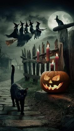 a black cat walking past a carved pumpkin with candles in it's mouth and witches flying overhead