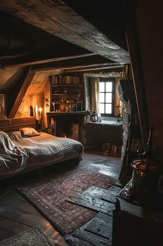 an attic bedroom with a bed and rugs