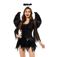 Dark Angel Dress Costume Women Party Cosplay Black Swan Gothic Fairy with Angel Feather Headdress Angel Dress Costume, Dark Fallen Angel, 2023 Costumes, Angel Feather, Angel Feathers, Halo Headband, Dress Corset, Angel Costume