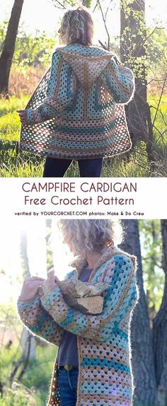 the crochet cardigan pattern is shown in three different colors and sizes, with text