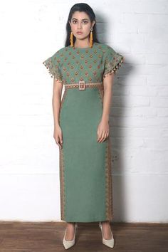 Shop for Chandrima Green Kala Cotton Embroidered Maxi Dress for Women Online at Aza Fashions Fitted Floor-length Dress With Tassels, Green Embellished Straight Kurta Dress, Traditional Floor-length Dress With Embroidered Sleeves, Elegant Fitted Maxi Dress With Embroidered Hem, Traditional Embroidered Dress With Cape Sleeves, Traditional Dresses With Floral Embroidery And Cape Sleeves, Embellished Embroidered Maxi Dress, Embroidered Summer Dresses With Cape Sleeves, Embroidered Summer Dress With Cape Sleeves