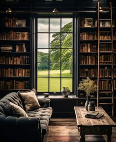 a living room with bookshelves and a couch in front of a large window