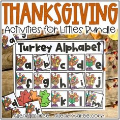 an alphabet activity for thanksgiving with turkeys and leaves on the front, and a free print