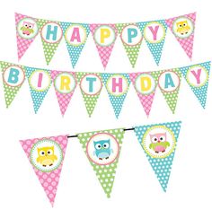 a birthday banner with owls and polka dots