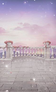 an image of a balcony with flowers on the railing and stars in the sky above