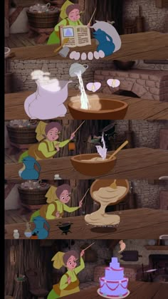 the animated scene shows people cooking in different stages of life, including cake and other things