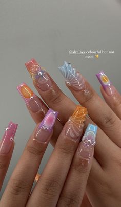 Long Fairy Nails, Vibrant Summer Nails, Summery Nails, Girly Acrylic Nails, Pretty Gel Nails, Really Cute Nails, Unique Acrylic Nails, Acrylic Nails Coffin Short, Short Acrylic Nails Designs