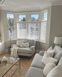 a living room filled with furniture and windows covered in white shuttered blinds on top of them