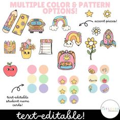 an assortment of colorful stickers for children's school uniforms and other things that are on