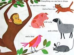 an open children's book with pictures of animals and birds on the cover, including a monkey hanging from a tree