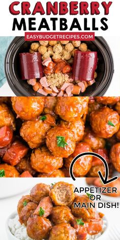 cranberry meatballs recipe with text overlay that reads, appetizer man dish