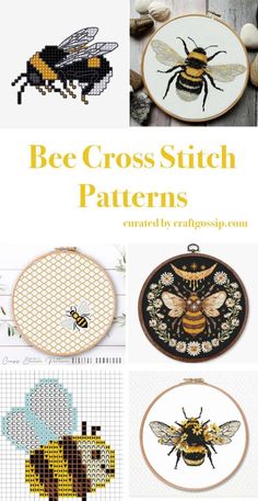 bee cross stitch patterns with text overlay