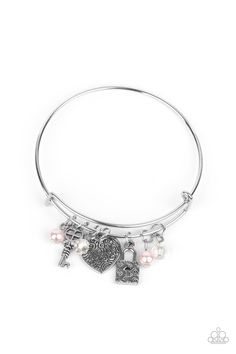 Infused with pink pearls and glittery white crystals, an antiqued collection of silver heart, key, and lock charms glides along a dainty silver bangle-like bracelet around the wrist.

 Sold as one individual bracelet. Pink Charm Bracelet, Key And Lock, Pink Charm, Slide Bracelet, Pink Pearls, Heart Key, White Crystals, Paparazzi Accessories, Silver Bangle