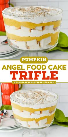 This easy Pumpkin Angel Food Cake Trifle layers angel food cake, creamy pumpkin cheesecake filling, and whipped topping to make the perfect fall dessert. Pumpkin Roll Trifle, Pumpkin Cheesecake Trifle, Trifle Ideas, Thanksgiving Trifle, Dessert Trifles, Pumpkin Angel Food Cake, Angel Food Cake Trifle, Dessert Trifle, Pumpkin Trifle