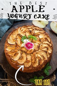 the best apple yogurt cake on a wooden platter