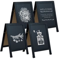 three chalkboard signs with coffee time designs on the front and back of each sign