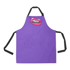 a blue apron with pink lips on it