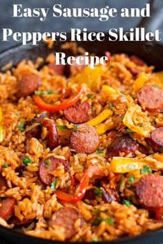 sausage and peppers rice skillet recipe in a cast iron skillet with text overlay