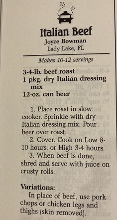 an italian beef recipe is shown in the book, with instructions on how to cook it