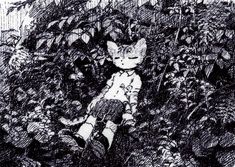 a black and white drawing of a cat in the woods