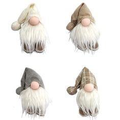 four gnomes with hats and scarves are shown in three different poses on a white background