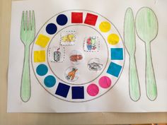 a paper plate that has different colored plates on it with spoons, fork and knife