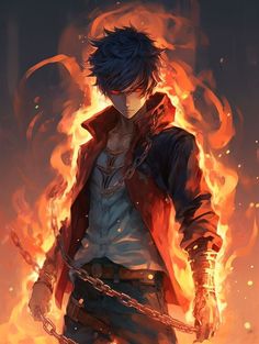 an anime character standing in front of fire with chains on his hands and eyes closed