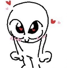 an alien with red eyes and hearts in the background