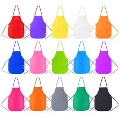 an assortment of aprons with different colors