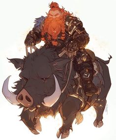 an orange haired man riding on the back of a black boar in front of a white background