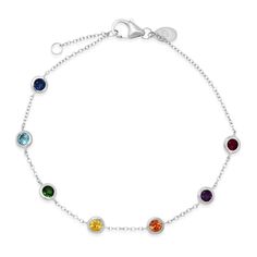 A colorful take on the classic Diamond by the Yard style. Available in 14K White Gold, Yellow Gold, or Rose Gold Gemstone weight = 0.85 carats Gemstones include: Blue Sapphire, Swiss Blue Topaz, Tsavorite Green Garnet, Yellow Sapphire, Orange Sapphire, Amethyst, Ruby Chain lengthis 6in to 6.5in adjustable See ourSize Guidefor more information Elegant Multicolor Gemstones In Bezel Setting, Elegant Multicolor Gemstones With Bezel Setting, White Gold Multi-stone Round Bracelet, Elegant Rainbow Round Bracelets, Sterling Silver Multi-stone Bracelet, Sterling Silver Multi-stone Round Bracelet, Ruby Chain, Diamond By The Yard, Station Bracelet