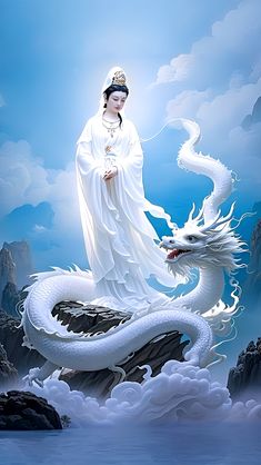 a painting of a woman standing next to a white dragon