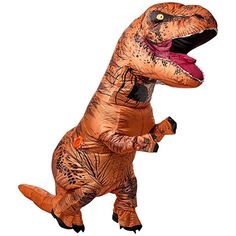 an inflatable dinosaur costume is shown with its mouth open