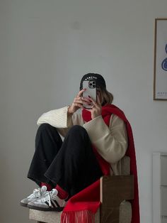 Arket knit, Arket red scard, Adidas sambas, Arket red socks, Arket jeans, Rotate black cap, Adidas Sambas sneakers Cream knit jumper, black wide leg jeans, red scarf, black cap, red socks, sambas, London girl, Autumn outfit inspo Red Accessories Outfit, Red Jumper Outfit, Red Sox Outfit, Red Scarf Outfit, Red Sneakers Outfit, Jumper Outfits, Cap Adidas, Scarf Outfit Winter, Autumn Outfit Inspo