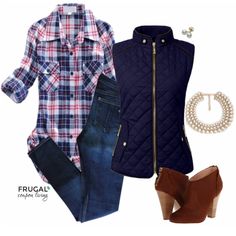 Frugal Fashion Friday Blue Quilted Vest Fall Outfit on Fugal Coupon Living - Mix rustic, chic, flannel and pearls. Polyvore outfit. Fall Fashion. Fall Inspiration. Cute Polyvore Outfits, Casual Plaid Shirt, Spring Outfits For School, Fall Vest, Fall Inspiration, Fashion Friday, Cute Spring Outfits, Outfit Trends, Outfit Fall