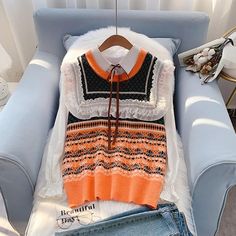 Style: commuting Size: one size Color: blue, orange Style Knitted Vest, Sweater Vest Women, Knitted Vest, College Fashion, Knit Vest, Vintage Sweaters, Sweater Vest, Womens Cardigan, Womens Vest