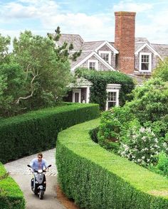 a man riding a scooter in front of a large hedged garden area