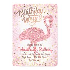 a pink flamingo birthday party card with gold glitter and confetti on it