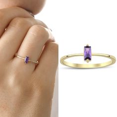 "This 14k Gold Purple Zircon Gemstone Ring has 4 other color options. It is always elegant and sparking. Create a combination with the colors or pick your favorite one. They are undeniably beautiful.  No matter what, know that you will shine with this ring! 14k Gold Magenta Zircon Gemstone Ring is also avaliable: https://www.etsy.com/listing/1349070702/ 14k Gold Pink Zircon Gemstone Ring is also avaliable: https://www.etsy.com/listing/1362946211/ 14k Gold White Zircon Gemstone Ring is also avali Gold Minimalist Amethyst Ring For Gift, Minimalist 14k Gold Amethyst Ring As Gift, Minimalist Gold Amethyst Ring For Gift, Dainty Emerald Cut Stackable Rings For Gift, Dainty Emerald Cut Stackable Rings As Gift, Elegant Purple Stackable Birthstone Ring, Purple Birthstone Ring In 14k Gold As Gift, Baguette Cut Ring, Pink Zircon