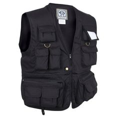 the vest is black and has multiple pockets