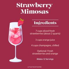 the ingredients for strawberry mimosas are shown in this graphic style, including strawberries and