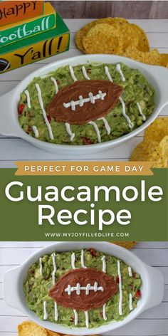 two bowls filled with guacamole and topped with footballs on the side